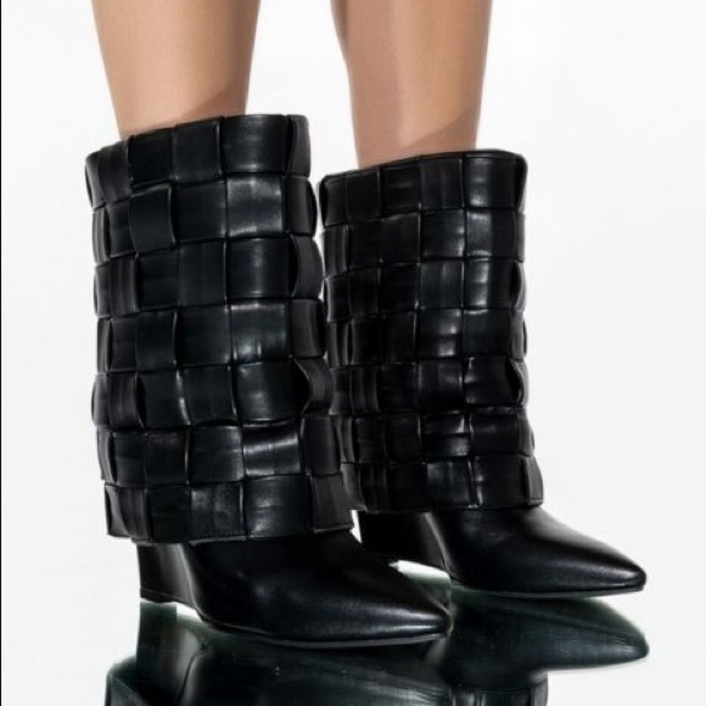Brand new Black wedge woven style leather boots